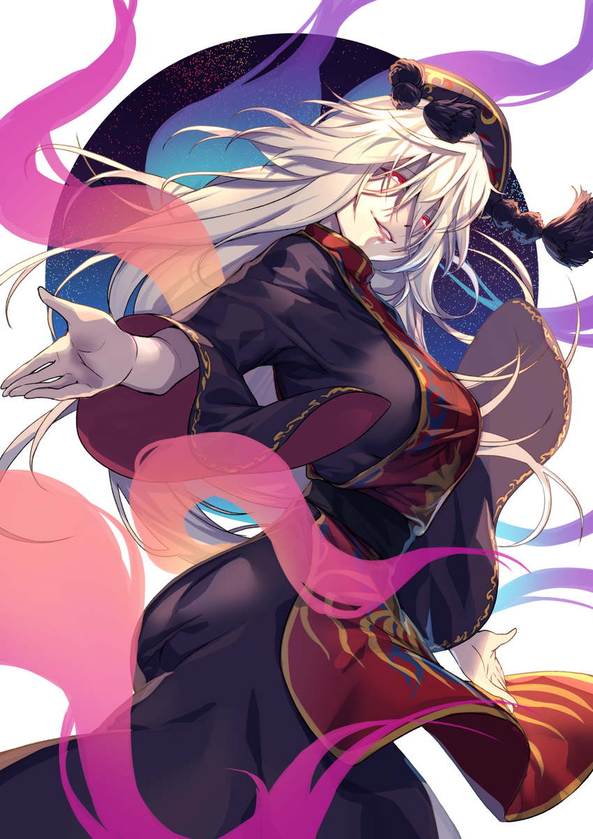 black_dress blonde_hair chinese_clothes commentary_request cowboy_shot crescent dress energy fox_tail from_side highres junko_(touhou) long_hair long_sleeves looking_at_viewer looking_to_the_side multiple_tails parted_lips red_eyes sash smile solo tabard tail touhou uu_uu_zan very_long_hair wide_sleeves