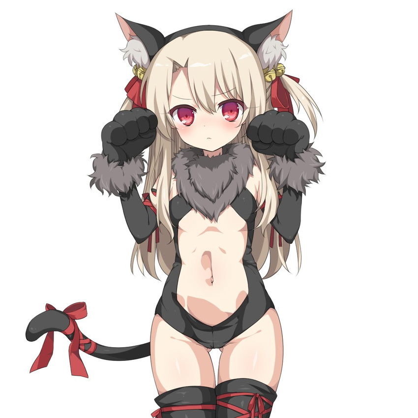 animal_ears arms_up bell black_legwear black_leotard breasts brown_hair cat_ears cat_tail center_opening detached_sleeves fake_animal_ears fate/kaleid_liner_prisma_illya fate_(series) gloves hair_ornament hairband illyasviel_von_einzbern jingle_bell leotard long_hair navel paw_gloves paw_pose paws red_eyes ribbon small_breasts solo tail thigh_gap thighhighs tomo_(ryo_i_so_) two_side_up