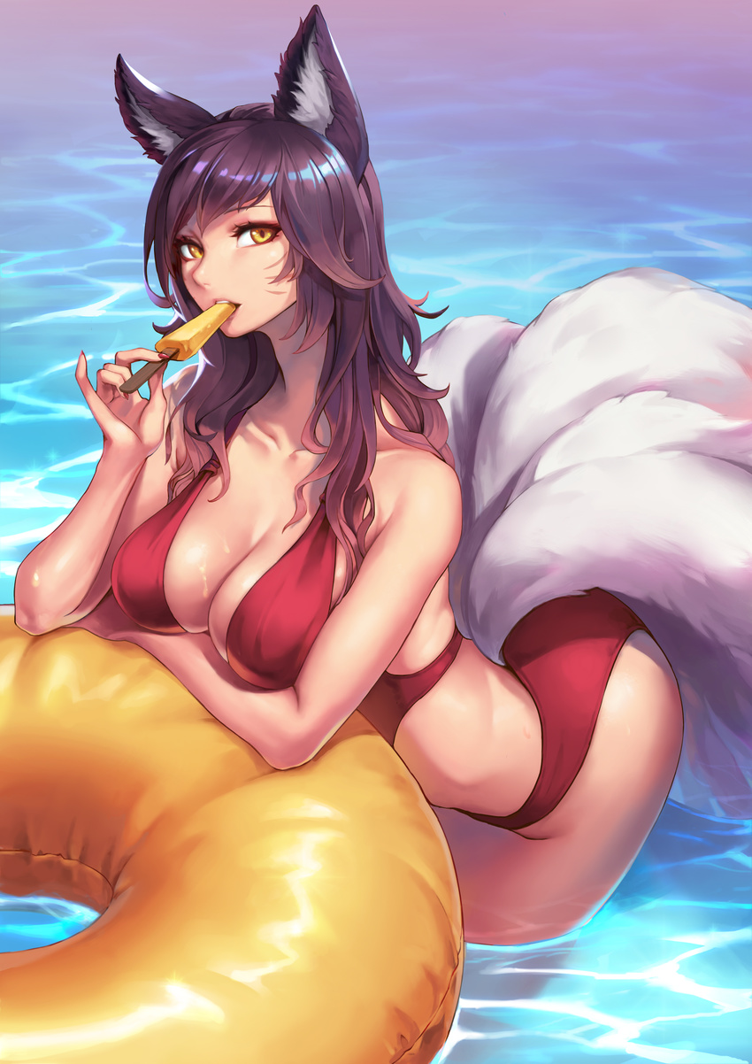 :3 absurdres ahri animal_ears bare_arms bare_legs bare_shoulders bikini breasts cleavage collarbone cowboy_shot day dripping eating eyelashes facial_mark fingernails food half-closed_eyes hand_up highres ice_cream innertube large_breasts league_of_legends leaning_forward long_fingernails long_hair looking_at_viewer multiple_tails nail_polish nose oopartz_yang outdoors paid_reward patreon_reward pink_lips popsicle red_bikini red_nails solo swimsuit tail upper_teeth wading water yellow_eyes