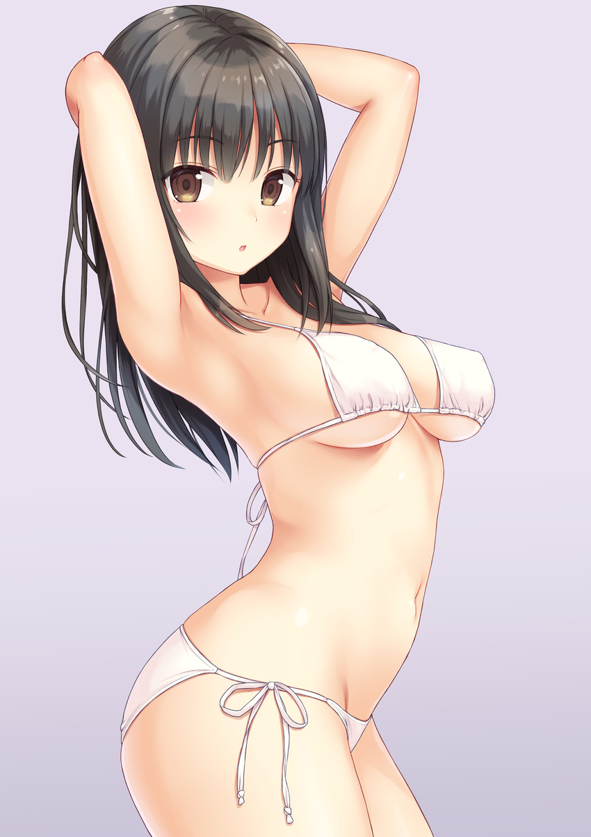 :o absurdres armpits arms_behind_head arms_up ass bangs banned_artist bikini black_hair blush breasts brown_eyes collarbone contrapposto cowboy_shot enty_reward eyebrows_visible_through_hair gradient gradient_background highres light_smile long_hair looking_at_viewer medium_breasts n.g. navel original paid_reward parted_lips purple_background shiny shiny_skin side-tie_bikini simple_background skindentation solo standing swimsuit thighs white_bikini