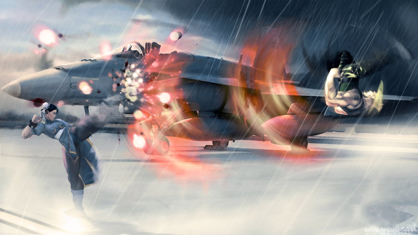 aircraft airplane american_flag battle boots camouflage chinese_clothes chun-li commentary energy epic f-18_hornet fake_screenshot fighter_jet flying_kick gameplay_mechanics guile jet kicking martial_arts military military_vehicle motion_blur orioto realistic street_fighter street_fighter_ii_(series) street_fighter_iv_(series) tattoo video_game