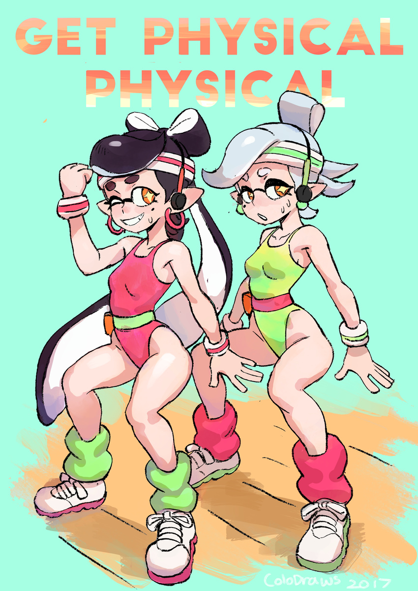 2girls :o ;d absurdres aori_(splatoon) arm_up bare_arms bare_shoulders black_hair blue_background breasts clenched_hand colo_(nagrolaz) cousins domino_mask earphones earrings english eyebrows full_body green_leotard groin hairband highleg highleg_leotard highres hoop_earrings hotaru_(splatoon) jewelry legs leotard long_hair looking_at_viewer mask mole mole_under_eye multiple_girls one_eye_closed open_mouth orange_eyes pink_leotard pointy_ears pouch shoes short_eyebrows silver_hair simple_background small_breasts smile sneakers socks splatoon_(series) squatting sweatdrop symbol-shaped_pupils tentacle_hair text_focus tied_hair wristband