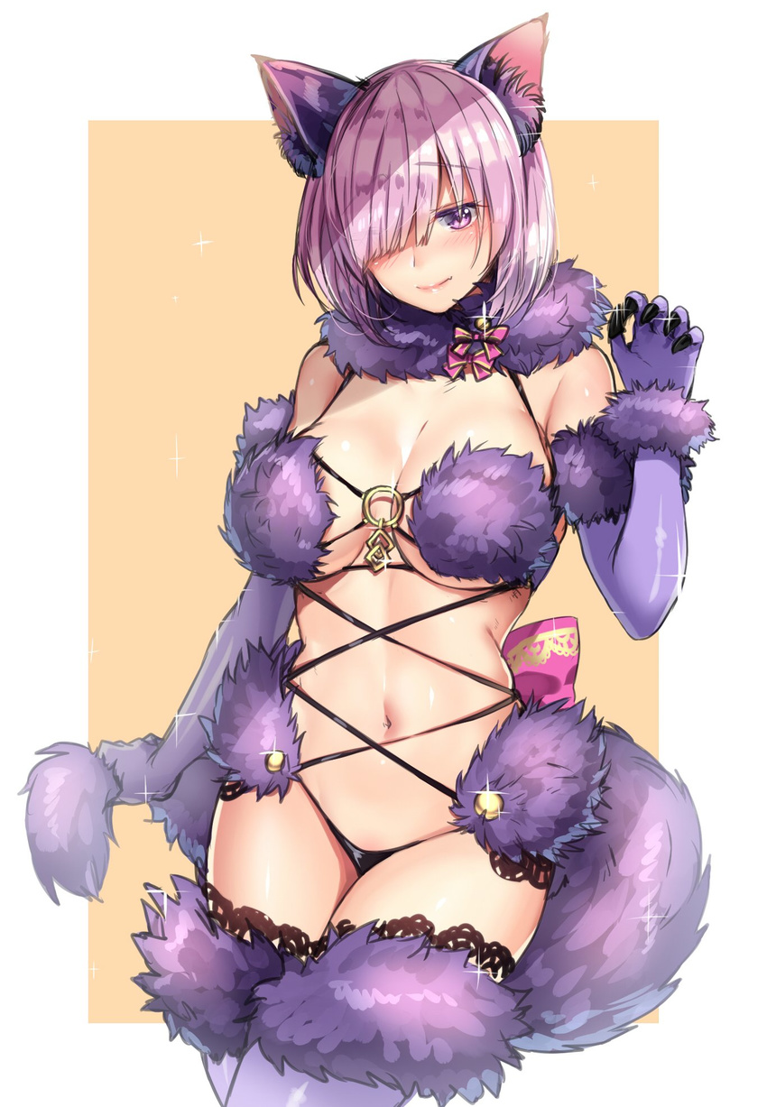 animal_ears banned_artist black_panties breasts closed_mouth dangerous_beast elbow_gloves fate/grand_order fate_(series) fur_collar fur_trim gloves hair_over_one_eye highres large_breasts looking_at_viewer mash_kyrielight navel o-ring o-ring_top panties purple_eyes purple_gloves purple_hair purple_legwear revealing_clothes short_hair solo sparkle tail thighhighs tsukiriran underwear wolf_ears wolf_tail