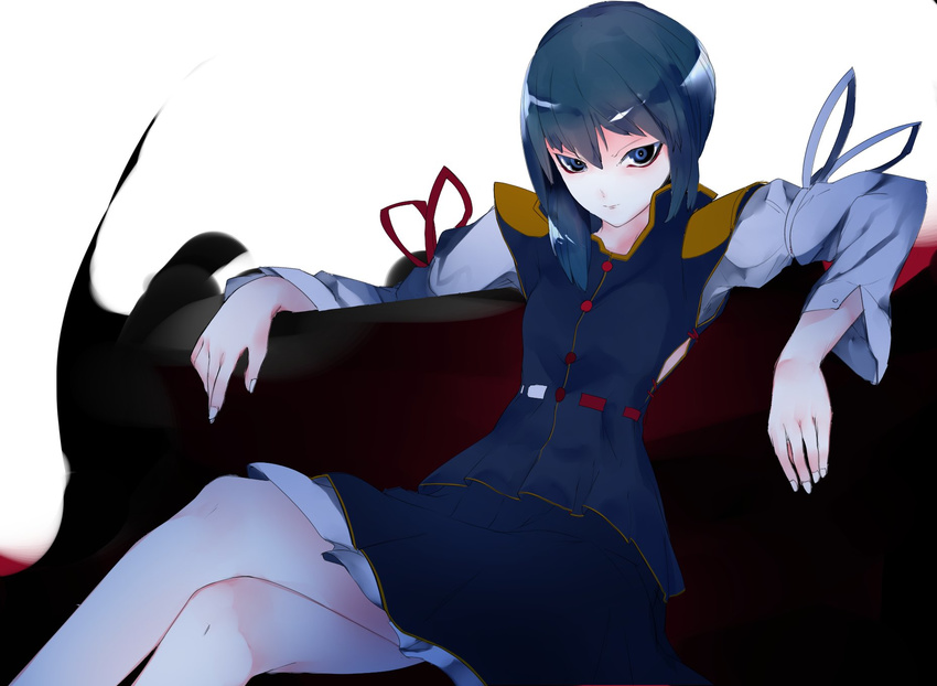 asymmetrical_hair bad_id bad_twitter_id bangs blue_vest breasts bright_pupils couch crossed_legs expressionless fingernails frilled_skirt frills green_hair hair_between_eyes highres ikurauni legs long_sleeves looking_at_viewer no_hat no_headwear shaded_face shiki_eiki short_hair simple_background sitting skirt small_breasts solo thighs touhou vest white_background white_pupils