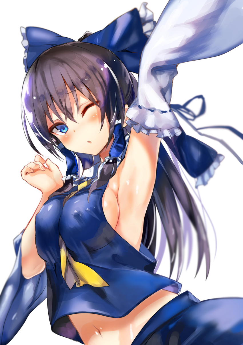 ;o alternate_color amamitsu_kousuke arm_up armpits bangs bare_shoulders between_breasts black_hair blue_bow blue_eyes blue_ribbon blue_skirt blurry blush bow breast_press breasts covered_nipples depth_of_field detached_sleeves eyebrows_visible_through_hair fingernails frilled_bow frilled_sleeves frills hair_tubes hakurei_reimu highres large_breasts long_hair long_sleeves looking_at_viewer navel neckerchief no_bra one_eye_closed parted_lips ribbon ribbon-trimmed_sleeves ribbon_trim shiny shiny_hair shiny_skin sideboob skirt solo stomach sweat touhou upper_body white_sleeves yellow_neckwear