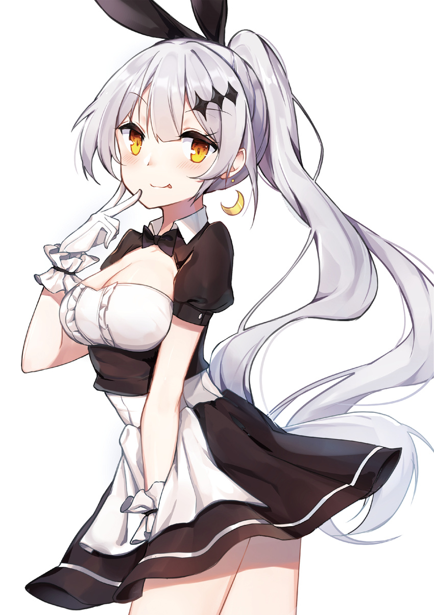 :p absurdres apron bada_(jksh5056) bangs black_bow black_dress blush bow breasts cleavage closed_mouth commentary cowboy_shot crescent crescent_earrings dress earrings eyebrows_visible_through_hair five-seven_(girls_frontline) from_side girls_frontline gloves grey_hair hair_bow highres jewelry long_hair looking_at_viewer maid medium_breasts puffy_short_sleeves puffy_sleeves short_sleeves silver_hair simple_background smile solo tongue tongue_out very_long_hair waist_apron white_background white_gloves yellow_eyes