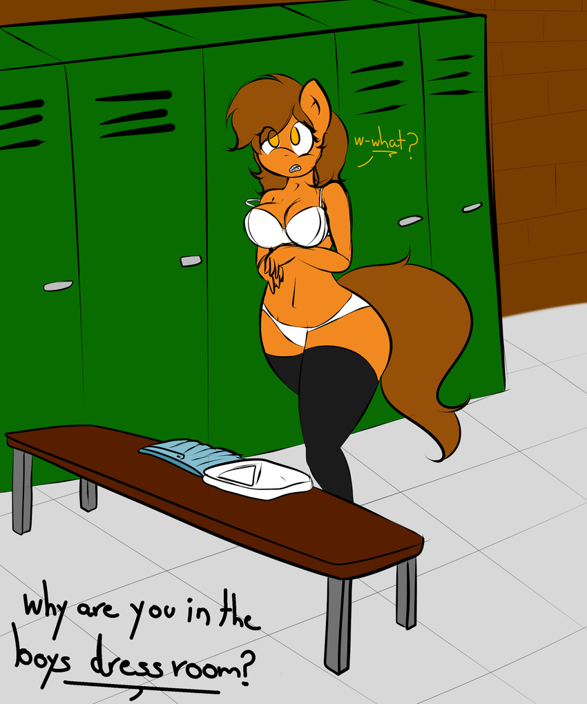 2017 ? absurd_res anthro anthrofied bench biped black_clothing black_legwear black_stockings bra braces breasts brown_hair brown_tail caught cleavage clothed clothing detailed_background dialogue digital_media_(artwork) earth_pony english_text equine female front_view fur hair hi_res honas007 horse inside legwear locker locker_room long_hair long_tail mammal my_little_pony orange_eyes orange_fur panties pony solo standing stockings teeth text thigh_highs underwear unseen_character white_bottomwear white_bra white_panties white_topwear white_underwear