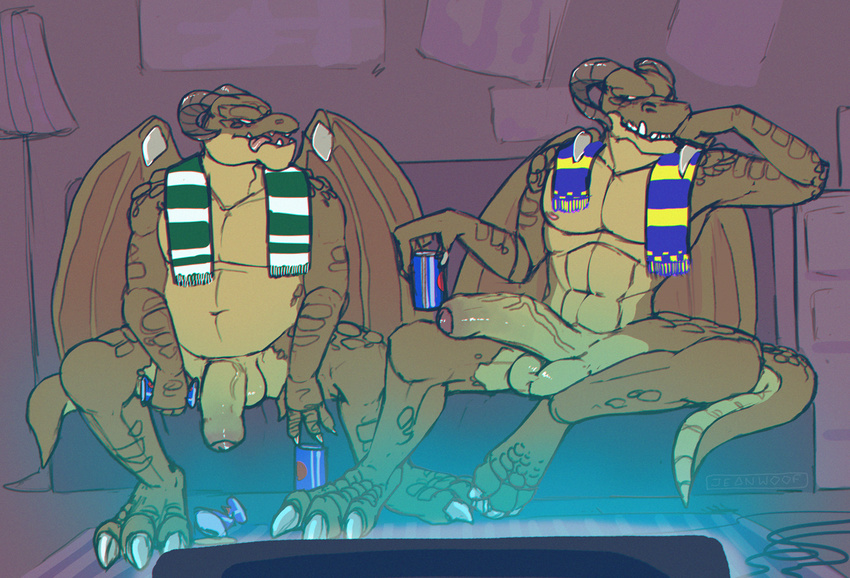 2017 alcohol beer belly beverage brothers dragon duo flaccid foreskin gatz_(character) gaw_(character) half-erect jeanwoof male musclegut muscular muscular_male nude penis relaxing scalie scarf sibling smaller_version_at_source television tongue tongue_out uncut