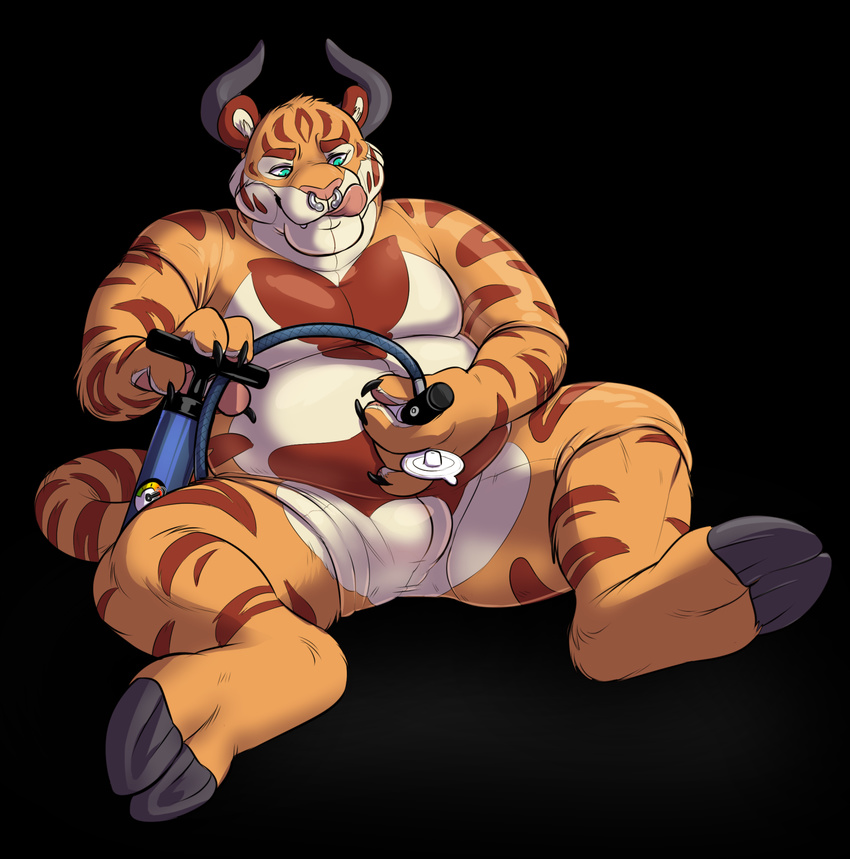 2016 anthro black_background bulge cubi digital_media_(artwork) facial_piercing featureless_crotch feline fur green_eyes hi_res hooves horn inflatable inflation licking licking_lips living_inflatable male mammal muscular nose_piercing piercing pool_toy rubber septum_piercing simple_background slit_pupils solo striped_fur stripes tarke tiger tongue tongue_out transformation