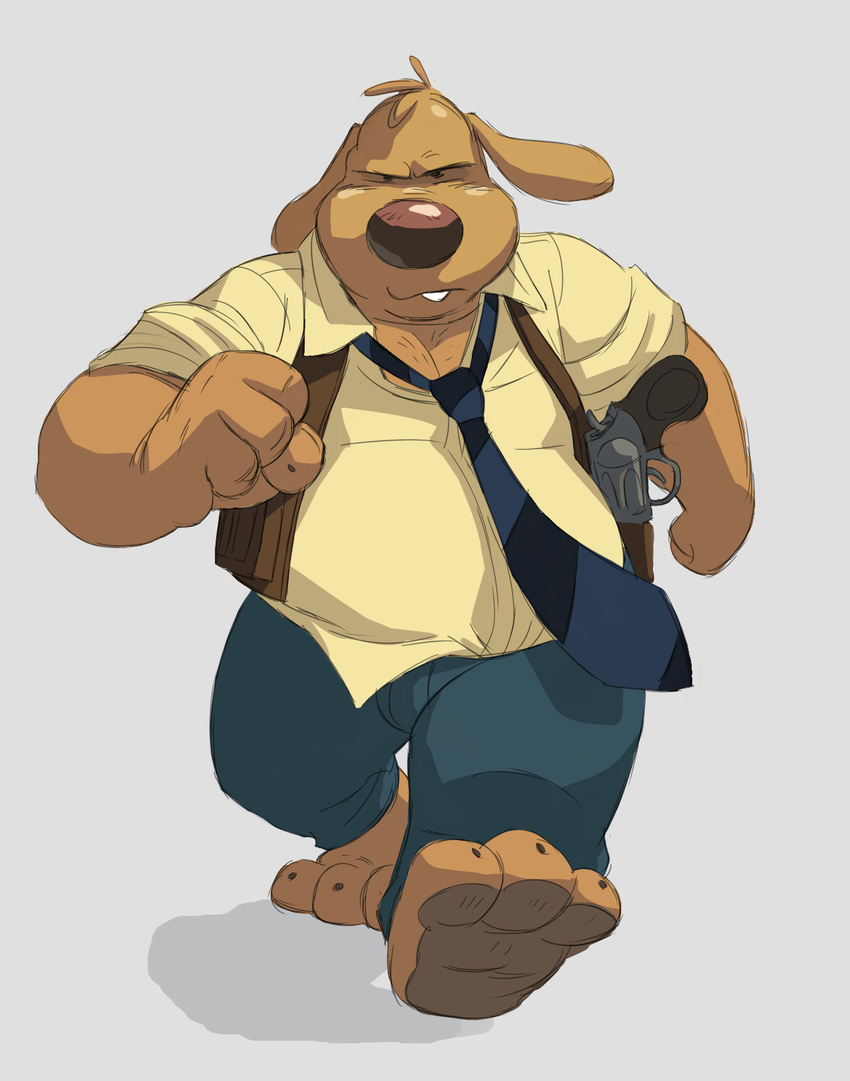 2016 3_toes 4_fingers anthro barefoot brown_fur canine claws clothed clothing dog donkeypunch floppy_ears front_view fur gun handgun hi_res looking_at_viewer male mammal necktie overweight overweight_male pants plantigrade ranged_weapon revolver rolled_up_sleeves sam_(sam_and_max) sam_and_max shirt simple_background solo toe_claws toes toony vest walking weapon white_background