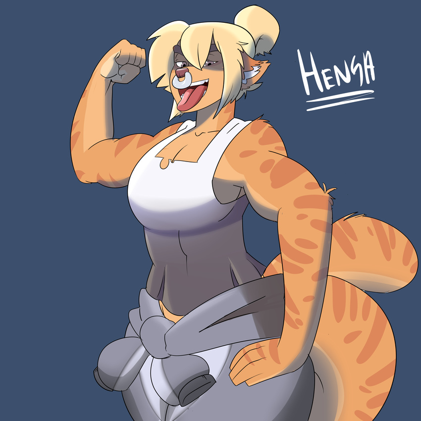 anthro clothing facial_piercing feline female flexing fur hensa hi_res jakkmau5art looking_at_viewer mammal muscular muscular_female nose_piercing open_mouth piercing purple_eyes shirt smile solo tan_fur tank_top tongue tongue_out