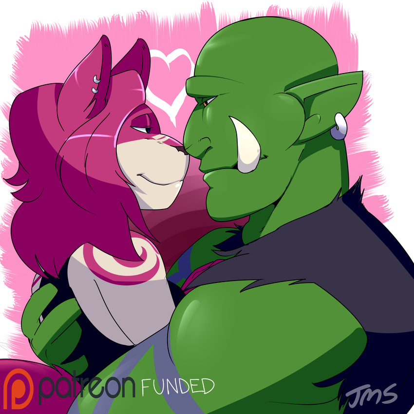 anthro canine clothed clothing duo ear_piercing female hair hi_res hug humanoid jakkmau5art male male/female mammal muscular orc piercing smile tusks