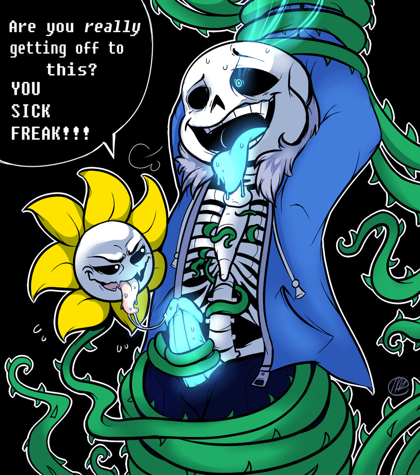 ahegao animated_skeleton bdsm black_background blue_eyes bone clothed clothing drooling duo english_text erection fangs flora_fauna flower flowey_the_flower fucked_silly glowing glowing_eyes hi_res humanoid_penis jacket looking_pleasured male male/male moan naughty_face not_furry open_mouth orgasm penis plant restrained saliva saliva_string sans_(undertale) sex signature simple_background skeleton skull speech_bubble spikes sweat teeth tentacles text tongue tongue_out undead undertale unknown_artist video_games vines