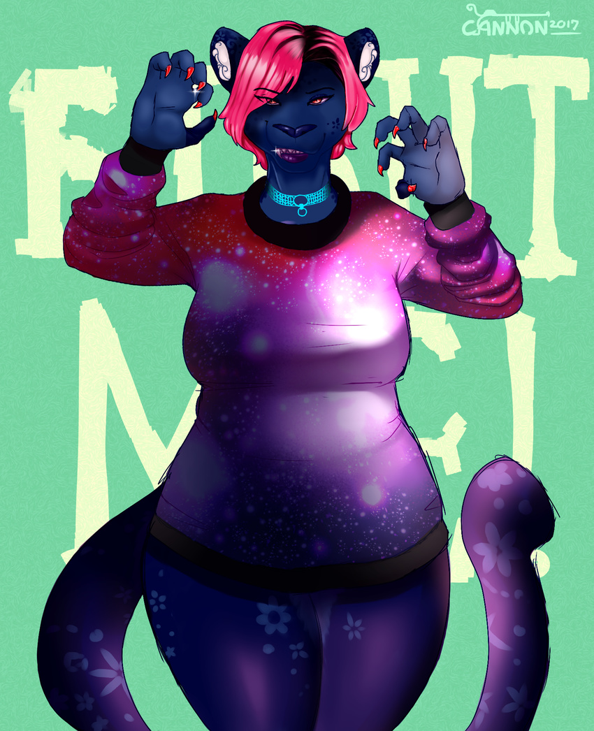 bottomless cannoncrasher choker clothed clothing colored_nails feline female grin hair mammal markings panther pink_hair smile solo space sweater thick_thighs wide_hips