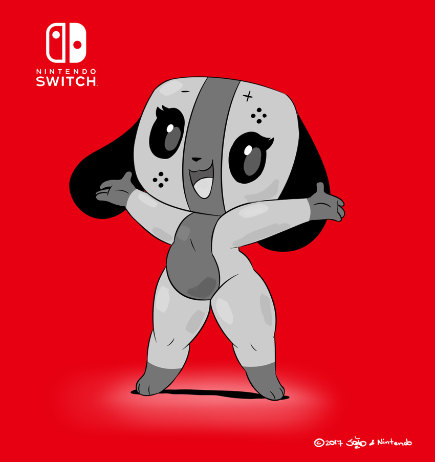 2017 3_toes 4_fingers animate_inanimate anthro black_sclera canine eyelashes female floppy_ears joaoppereiraus mammal nintendo nintendo_switch open_mouth short_stack simple_background slightly_chubby smile solo switch_dog toes video_games