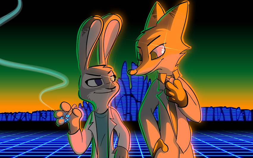 &gt;:) 16:10 4_fingers absurd_res anthro canine cigarette clothed clothing disney duo fanartiguess female fox fur grey_fur hi_res holding_object judy_hopps lagomorph male mammal nick_wilde orange_fur purple_eyes rabbit red_fox smile zootopia