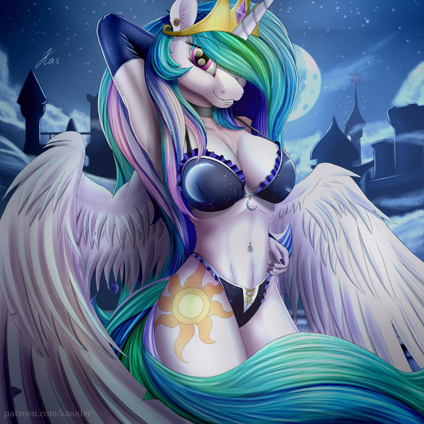 2017 anthro anthrofied armwear bra breasts cleavage clothed clothing collar colored_nails crown cutie_mark elbow_gloves equine female friendship_is_magic gloves horn kasaler lingerie looking_at_viewer mammal moon my_little_pony night panties piercing princess_celestia_(mlp) purple_eyes solo star underwear winged_unicorn wings