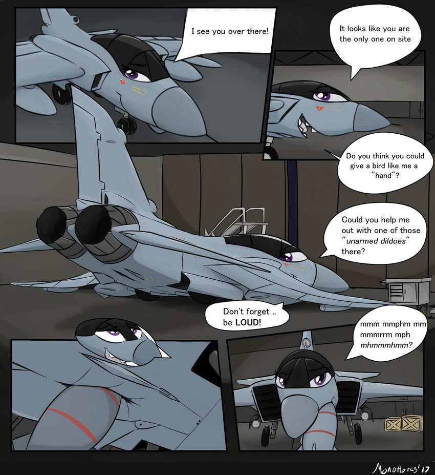 aircraft airplane comic dialogue dildo_in_mouth dire_machine english_text fangs female improvised_dildo improvised_sex_toy jet living_aircraft living_machine machine monohors3 not_furry oral oral_penetration penetration purple_eyes pussy text vaginal vaginal_penetration