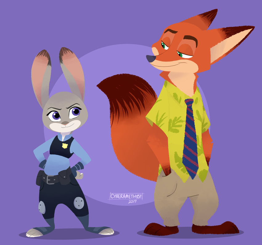 2017 3_toes absurd_res anthro badge canine clothing cyberamethyst dipstick_ears dipstick_tail disney duo female fox fur green_eyes half-closed_eyes hands_in_pockets hands_on_hips hawaiian_shirt hi_res judy_hopps lagomorph looking_aside male mammal multicolored_tail necktie nick_wilde pants police_uniform purple_background purple_eyes rabbit shirt simple_background smile standing toes uniform zootopia