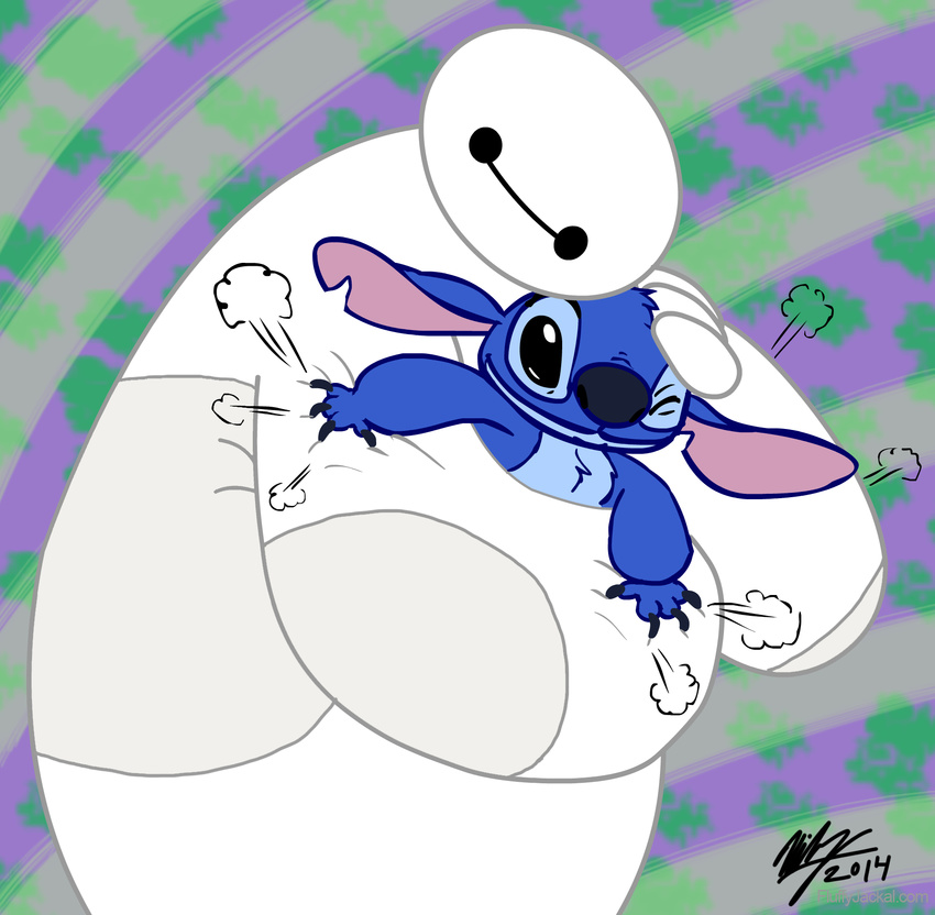 2014 4_fingers alien baymax big_hero_6 black_eyes blue_claws blue_fur blue_nose chest_tuft claws crossover digital_drawing_(artwork) digital_media_(artwork) disney duo experiment_(species) fur head_tuft hi_res hug lilo_and_stitch machine notched_ear one_eye_closed robot signature simple_background size_difference smile stitch stitchfan toony tuft url white_body
