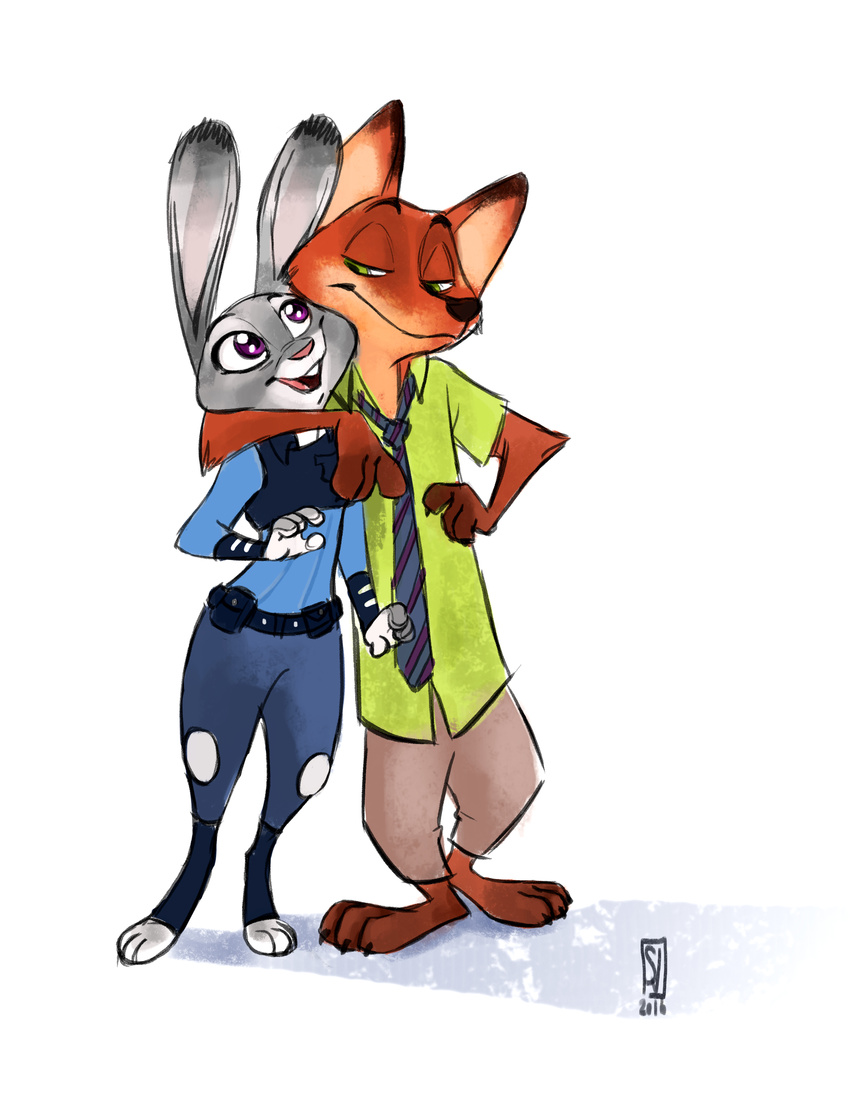 2016 absurd_res anthro barefoot buckteeth canine claws clothing dipstick_ears disney duo female fox fur green_eyes half-closed_eyes hi_res hug judy_hopps lagomorph male mammal multicolored_fur necktie nick_wilde open_mouth open_smile pants police_uniform purple_eyes rabbit shirt sidonievidal simple_background size_difference smile teeth text toe_claws toony two_tone_fur uniform white_background zootopia