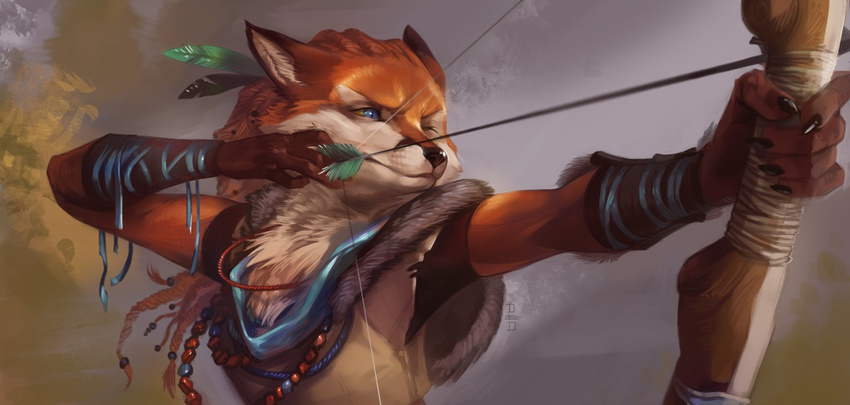 anthro armor arrow blue_eyes bow_(weapon) bracers canine clothed clothing deadro feathers female fox jewelry mammal necklace one_eye_closed ranged_weapon solo weapon