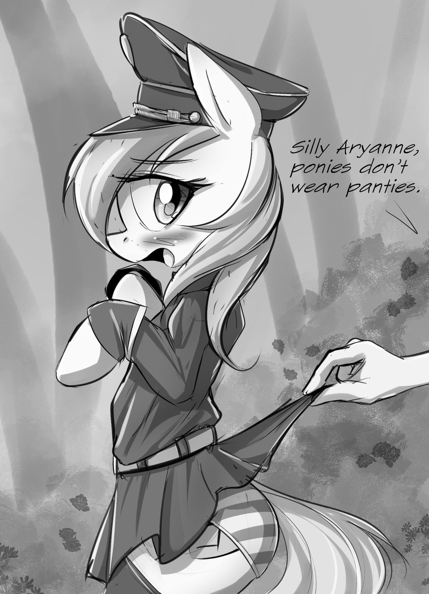 aryanne aryanne_(character) belt black_and_white blush bushes clothing disembodied_hand duo earth_pony english_text equine fan_character female forest horse human mammal monochrome my_little_pony pony text tree uniform