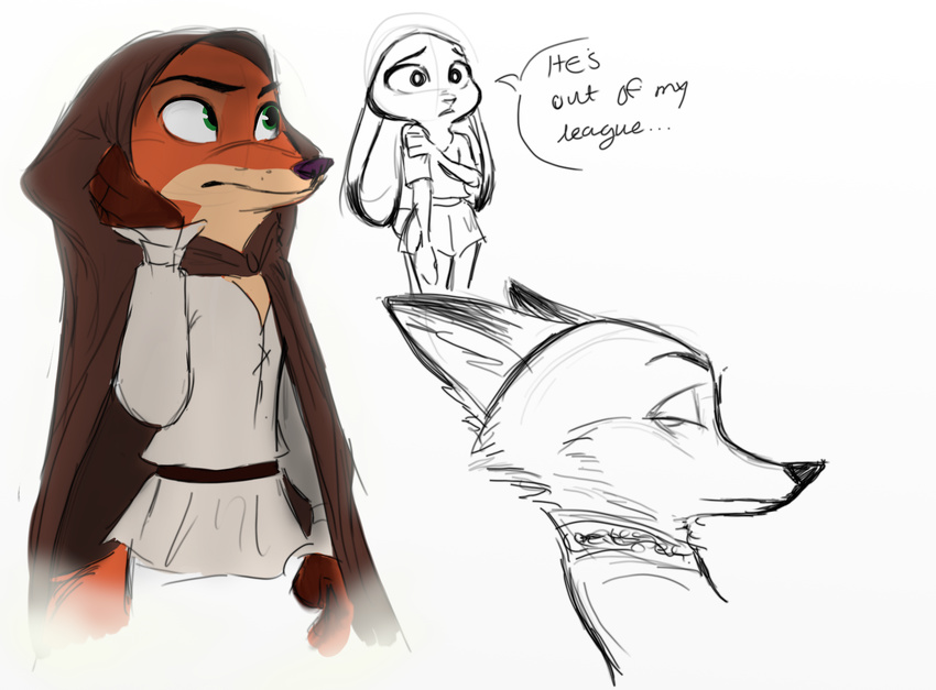2016 anthro canine clothed clothing colored_sketch dialogue disney duo english_text female fox fur green_eyes judy_hopps looking_aside looking_at_viewer male mammal nick_wilde orange_fur purple_nose simple_background sketch text trashasaurusrex white_background zootopia