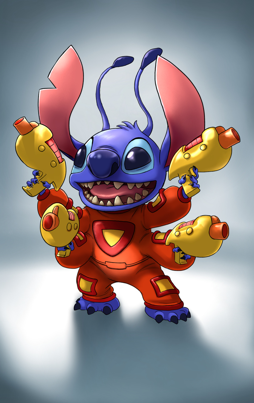 2014 4_arms 4_fingers 4_toes alien antennae blue_claws blue_eyes blue_fur blue_nose claws clothed clothing digital_media_(artwork) dipstick_antennae disney experiment_(species) full-length_portrait fur head_tuft hi_res holding_object holding_weapon lilo_and_stitch multi_arm multi_limb multi_wielding notched_ear open_mouth open_smile otherworldmedia plasma_rifle portrait simple_background smile solo spacesuit standing stitch toe_claws toes toony tuft weapon