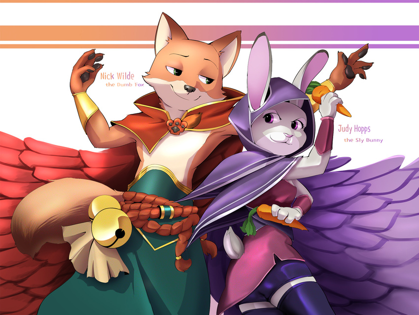 2017 4_fingers anthro bell black_nose canine cape carrot cheek_tuft clothed clothing cosplay disney duo female food fox fur green_eyes grey_fur half-closed_eyes holding_food holding_object judy_hopps lagomorph league_of_legends looking_aside male mammal nick_wilde orange_fur pink_nose purple_eyes rabbit rakan_(lol) riot_games simple_background small_tail smile tuft vegetable video_games white_background xayah_(lol) yoshifan30 zootopia