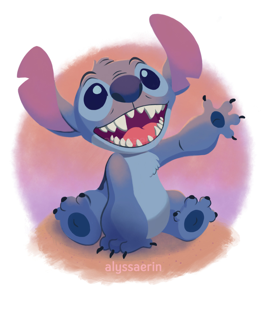 2017 4_fingers 4_toes alien alyssa_erin back_markings black_claws blue_eyes blue_fur blue_nose chest_tuft claws cute digital_drawing_(artwork) digital_media_(artwork) disney experiment_(species) fur head_tuft hi_res lilo_and_stitch looking_up markings no_sclera notched_ear open_mouth open_smile simple_background sitting smile solo stitch toe_claws toes tuft watermark waving white_background