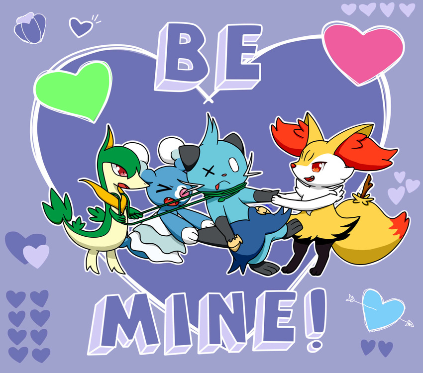 &lt;3 anthro arrow_through_heart braixen brionne canine cute dewott fangs flora_fauna group hi_res holidays humor kodiwolfy mammal marine mustelid nintendo pinniped plant pok&eacute;mon pok&eacute;mon_(species) pseudo_clothing purple_background red_eyes reptile scalie servine simple_background strangling tongue valentine's_day video_games vine_whip