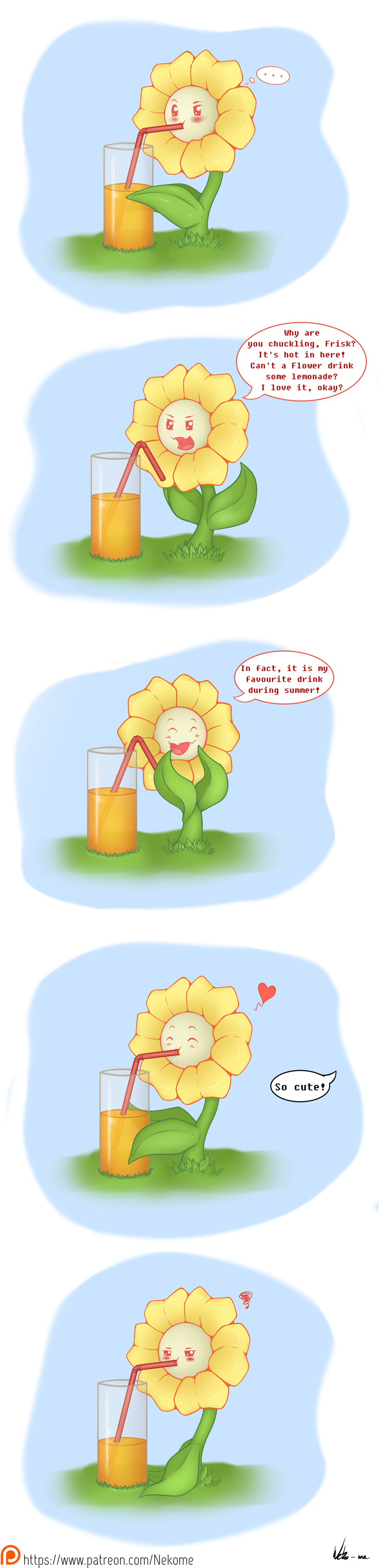 2017 absurd_res beverage comic dialogue drinking english_text eyes_closed flora_fauna flower flowey_the_flower hi_res lemonade neko-me not_furry patreon plant solo straw text undertale unseen_character video_games
