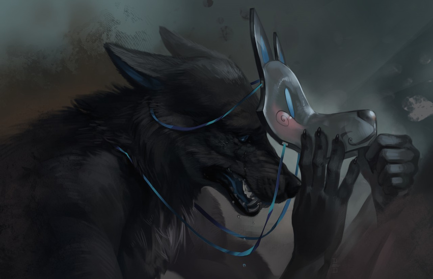 5_fingers anthro black_fur blue_eyes blue_tongue bust_portrait canine claws crying deadro detailed fluffy fur holding_object male mammal mask nude open_mouth portrait sad side_view solo tears teeth wolf