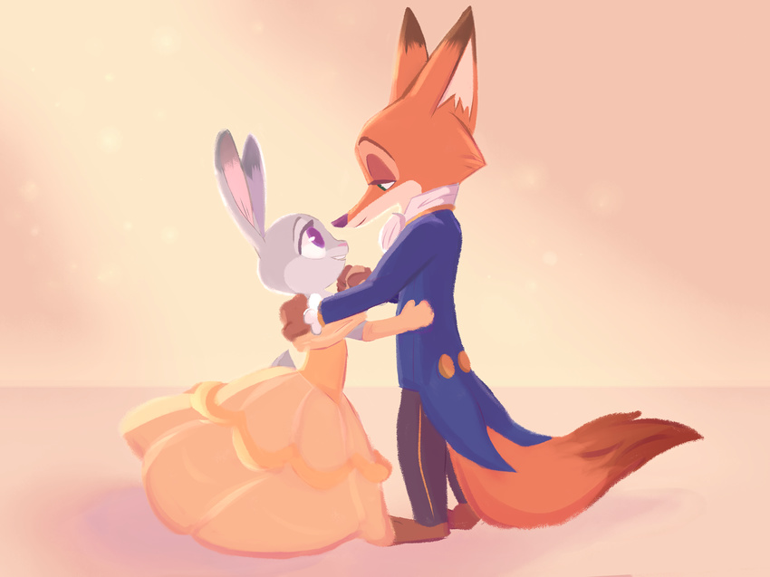 2016 4:3 absurd_res anthro armwear barefoot beast_(disney) beauty_and_the_beast belle_(disney) canine clothed clothing crossover dancing dipstick_tail disney dress duo elbow_gloves eye_contact female fox fur gloves green_eyes hand_holding hi_res jacket judy_hopps judylavernehopps lagomorph male mammal multicolored_tail nick_wilde pants purple_eyes rabbit simple_background size_difference smile standing zootopia