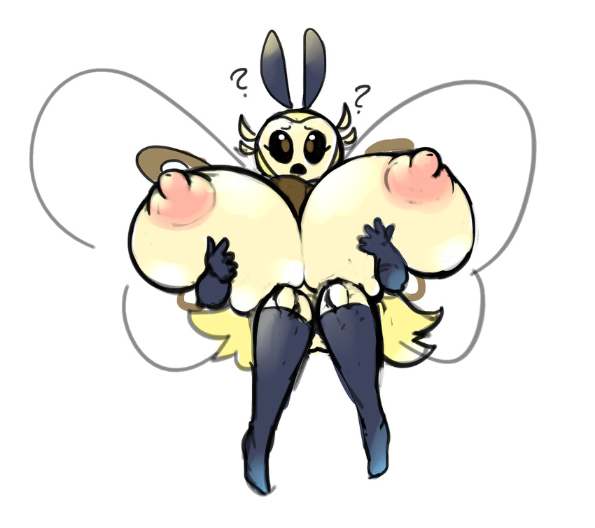 ? antennae anthro arthropod big_breasts black_sclera breasts clothed clothing female green_eyes holding_breast huge_breasts hyper hyper_breasts insect insect_wings legwear moth_(artist) nintendo nipples non-mammal_breasts pok&eacute;mon pok&eacute;mon_(species) pok&eacute;morph ribombee simple_background sketch solo thigh_highs topless video_games white_background wings