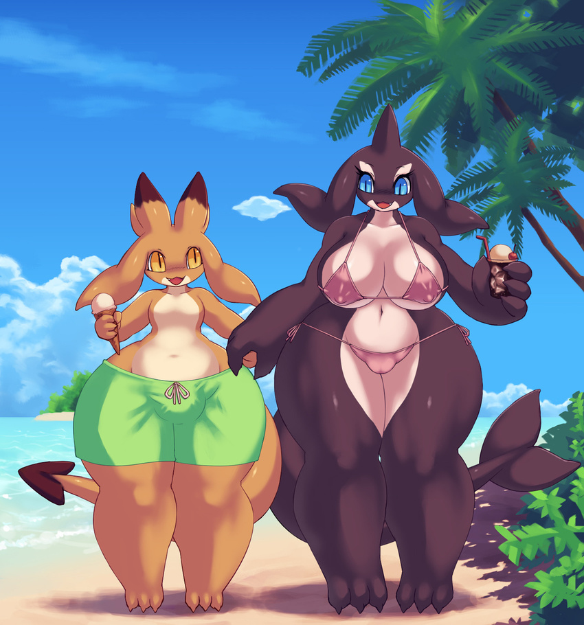 anthro beach big_breasts bikini blue_eyes breasts camel_toe cetacean clothing dessert duo eyelashes female food hand_holding ice_cream male mammal marine mrsk nipple_bulge orca seaside swimsuit unknown_species whale wide_hips yellow_eyes