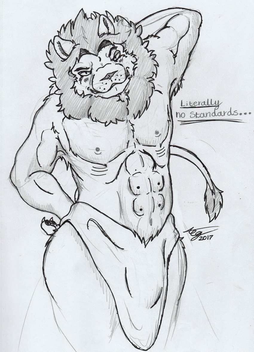 anthro arideventgateway clothing feline jonathan_harper lion loincloth looking_at_viewer mammal muscular nipples pose raised_tail smile solo text web_quest