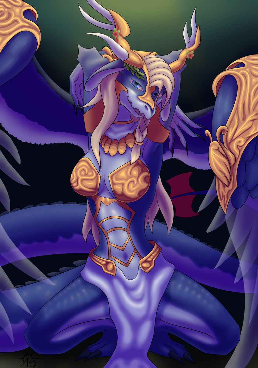 abs absurd_res armor blue_eyes breasts claws clothing collar dragon female hi_res horn jewelry loincloth looking_at_viewer navel necklace sacrificabominat saffira_queen_of_dragons scales solo wings yu-gi-oh