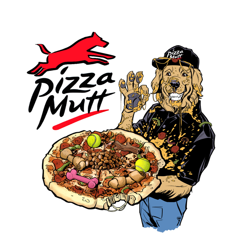 5_fingers anthro billmund canine clothed clothing dog food hat hi_res holding_food holding_object humor looking_at_viewer male mammal messy ok_sign parody pizza pizza_hut pun simple_background smile solo standing visual_pun white_background