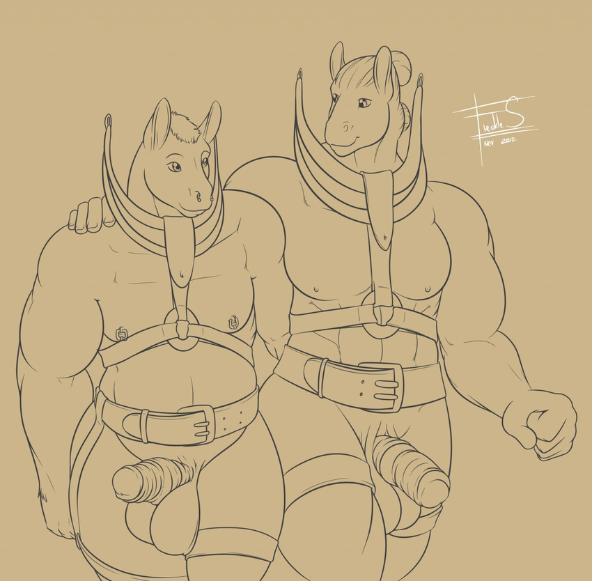 2017 5_fingers abs anatomically_correct anatomically_correct_penis animal_genitalia animal_penis anthro balls belt biceps biped brown_background clydesdale digital_media_(artwork) draft_horse duo equine equine_penis facial_piercing freckles_(artist) hair half-erect hand_on_shoulder harness hi_res horse humanoid_hands legband line_art male mammal monochrome mostly_nude muscular muscular_male nipple_piercing nipples nose_piercing nose_ring pecs penis piercing rannik sepia septum_piercing short_hair signature simple_background smile snout walking