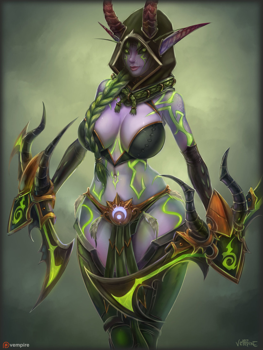 braided_hair clothed clothing demon demon_hunter elf gloves glowing glowing_eyes glowing_tattoos green_hair hair holding_object holding_weapon hood horn humanoid night_elf pointy_ears skimpy solo tattoo vempire video_games warcraft weapon