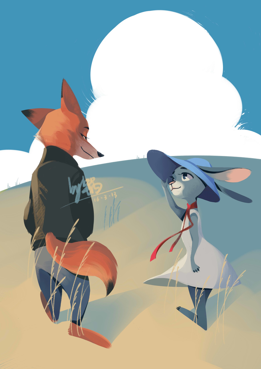 2016 absurd_res anthro canine clothed clothing cloud disney dress duo fairy-in-wonderland_(artist) female field fox fur grey_fur hat hi_res judy_hopps lagomorph male mammal nick_wilde orange_fur outside rabbit red_fur signature walking zootopia