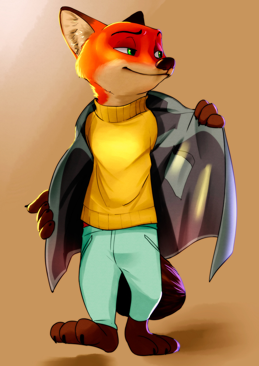 2017 3_toes 4_fingers anthro barefoot brown_fur canine claws clothed clothing dipstick_ears disney fox front_view fully_clothed fur green_eyes hi_res jacket looking_aside male mammal nick_wilde open_jacket orange_fur pants purple_nose shirt smile solo spring_(season) standing toe_claws toes turtleneck undressing walking white_fur zigrock001 zootopia