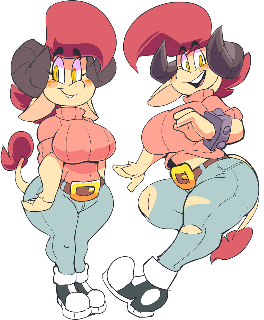 2017 alpha_channel anthro big_butt bracelet butt caprine clothed clothing female footwear frances_sugarfoot freckles goat hair hi_res horn jeans jewelry mammal pants red_hair shoes smile solo thick_thighs torn_clothing turtleneck_sweater vimhomeless wide_hips