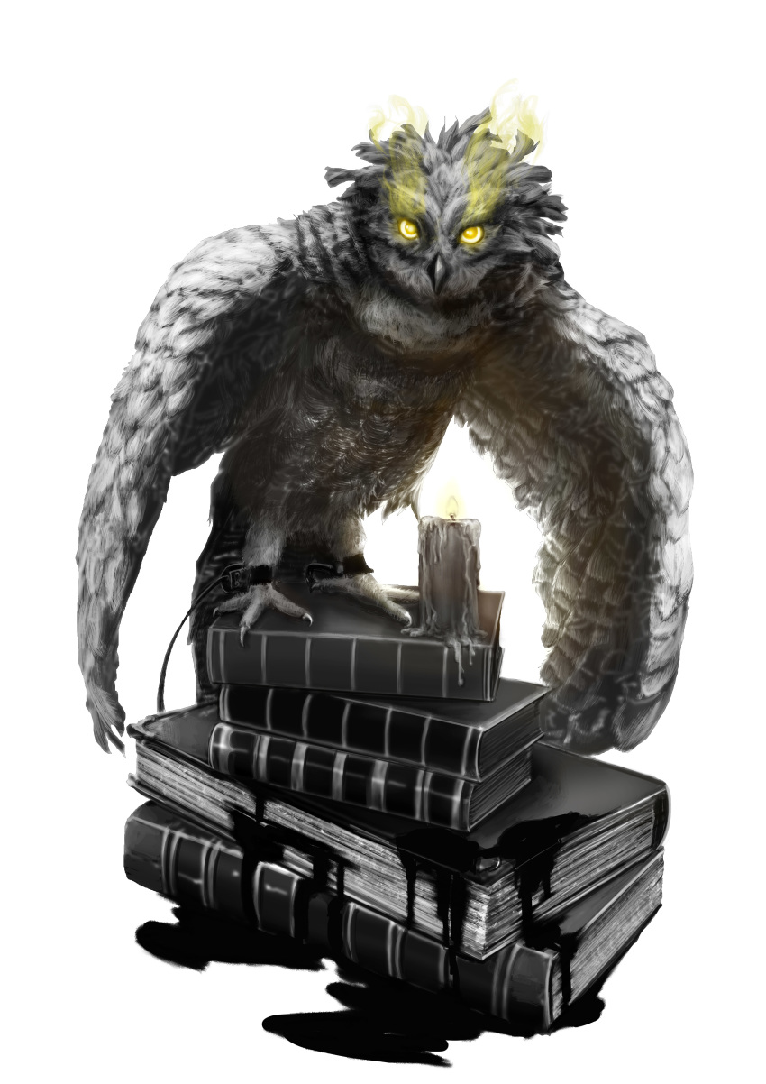 absurdres beak bird book candle fire flame glowing glowing_eyes highres ink looking_at_viewer melting no_humans original owl simple_background takaya_lee wax white_background wings