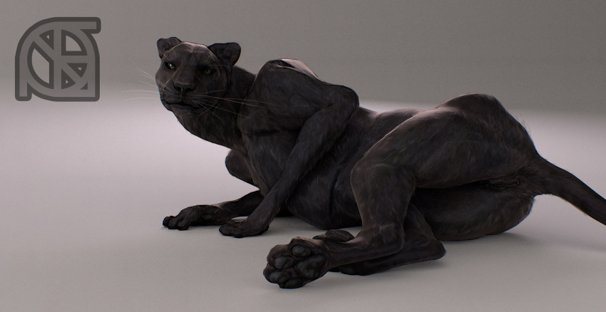 3d_(artwork) anthro anus black_fur black_nose butt cosmiclife digital_media_(artwork) feet feline female feral flat_chested fur hi_res looking_at_viewer lying mammal on_side panther paws pinup pose pussy realistic semi-anthro solo valencia whiskers