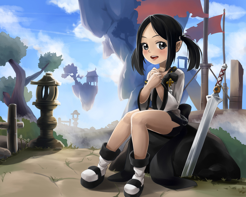 black_eyes black_hair black_skirt blade_&amp;_soul boots day flag hands_together highres long_hair okamin open_mouth outdoors shirt sitting skirt smile solo sword tree twintails weapon white_shirt