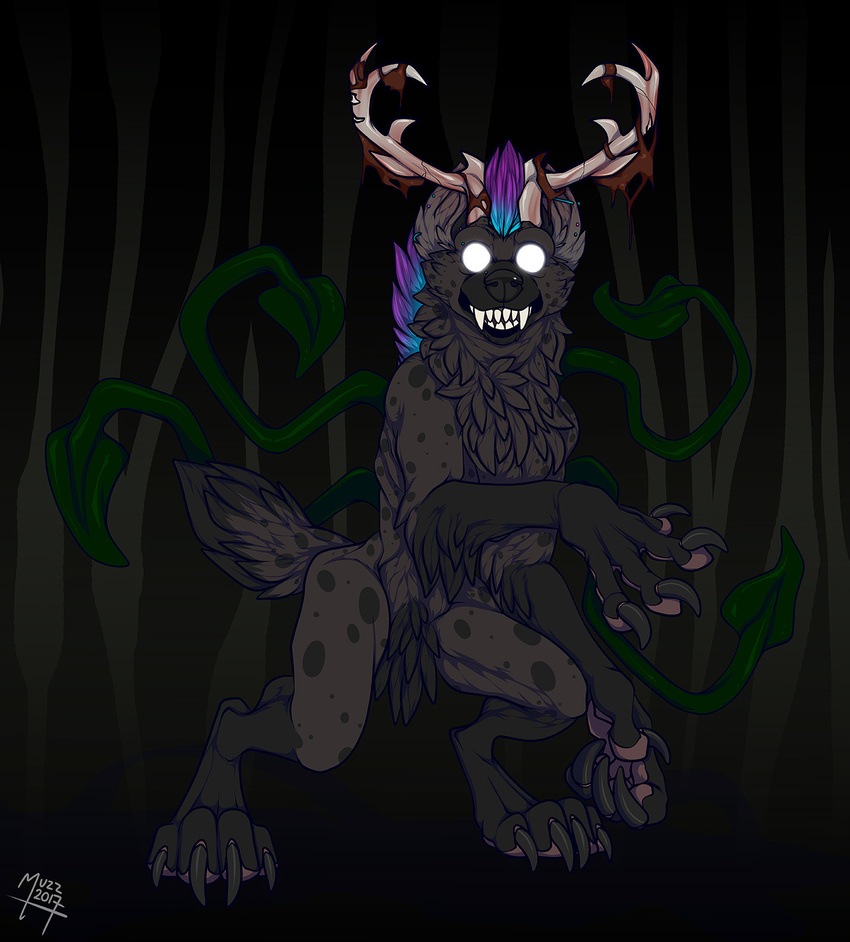 ambiguous_gender antlers claws ear_piercing eye_piercings eyeless facial_piercing fur hair horn hyena long_claws long_fur mammal monster muzz nose_piercing piercing purple_hair solo tentacles wendigo zephyr