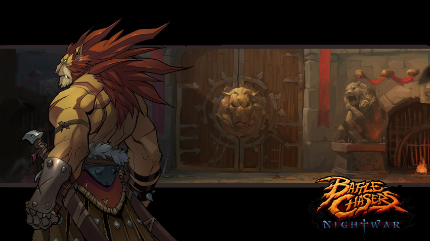 battle_chasers clothed clothing ear_piercing feline green_eyes hair hi_res lion lyko male mammal official_art piercing red_hair solo standing topless